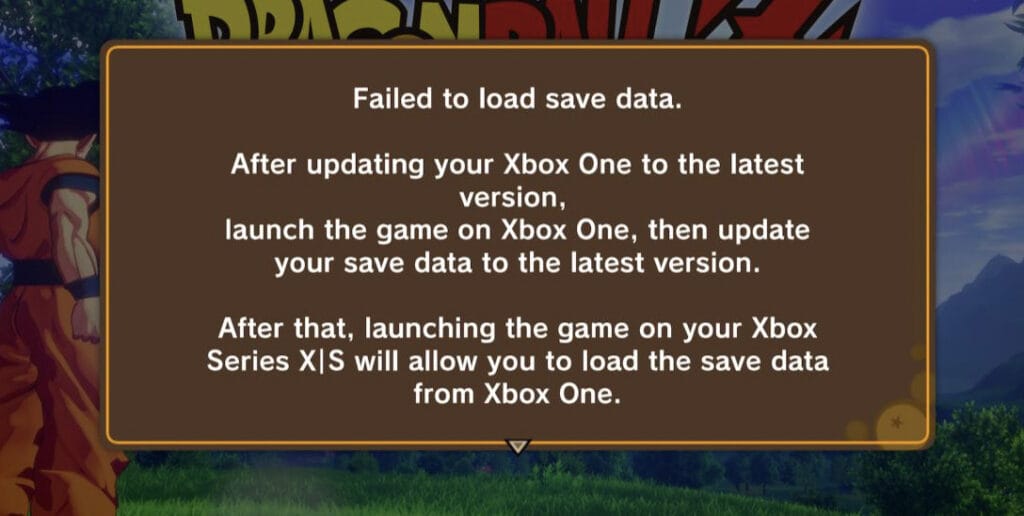 dragon ball z: kakarot xbox save error not loading
